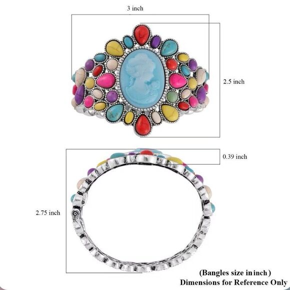 Cameo and Multi Color Howlite Silver Bangle 7”Bracelet 26.00 ctw New - Picture 5 of 5
